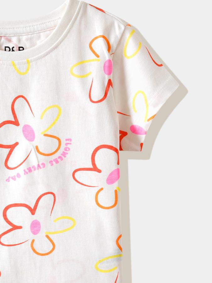 Girls Cotton Regular Fit Crew Neck Floral T-shirt