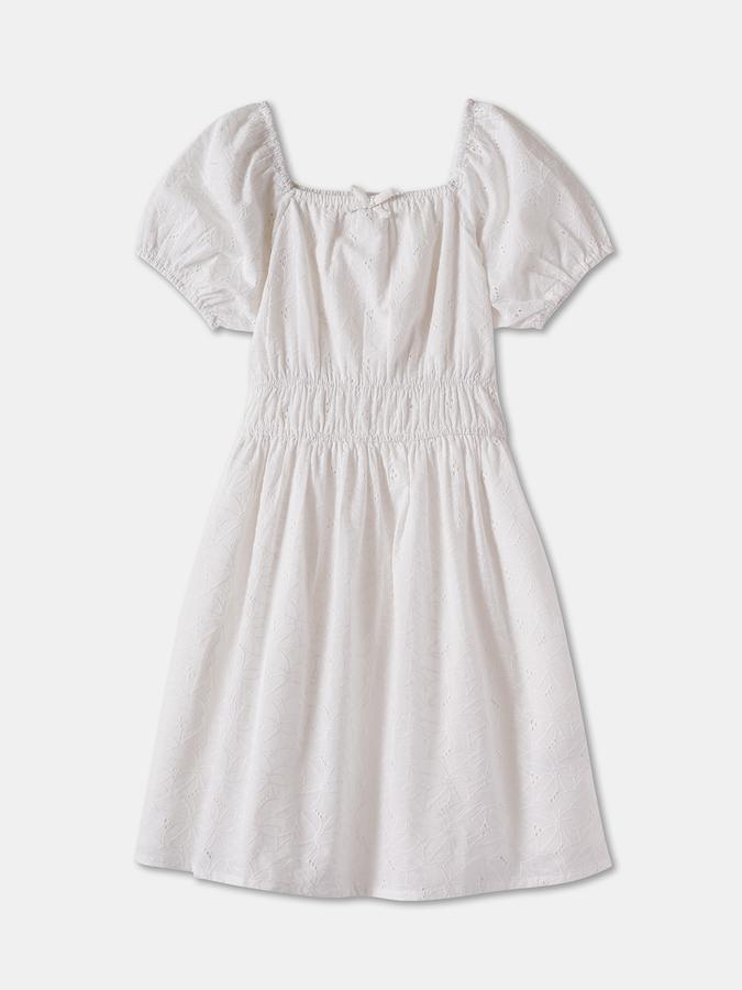 Girls Textured Puff Sleeve Square Neck Knee Length Dress