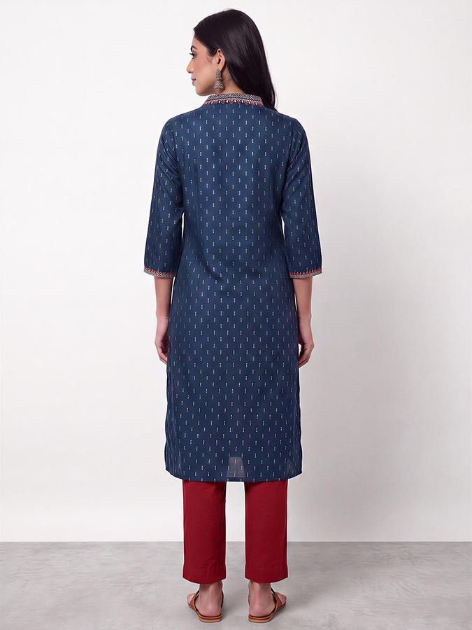 R&B Women Navy Blue Embroidered V-Neck Three-Quarter Sleeve Ikat Kurta