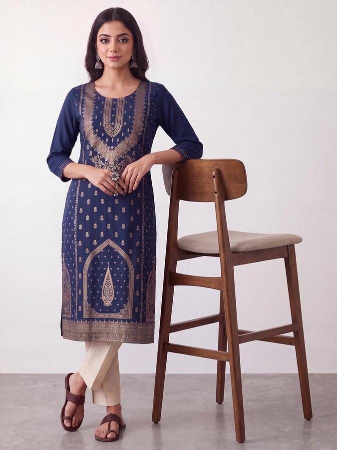 R&B Women Teal Blue Ethnic Motif Round Neck 3/4 Sleeve Straight Kurta