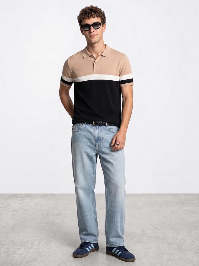R&B Men Beige Striped Short Sleeves Polo Collar Pure Cotton T-Shirt