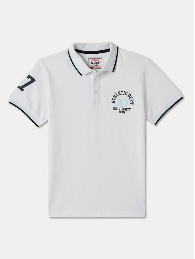 R&B White Cotton Polo Collar Printed Boy T-Shirt