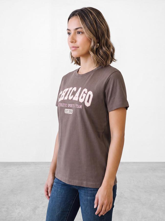 R&B Women Dark Brown City Print Short Sleeves Round Neck Pure Cotton T-Shirt