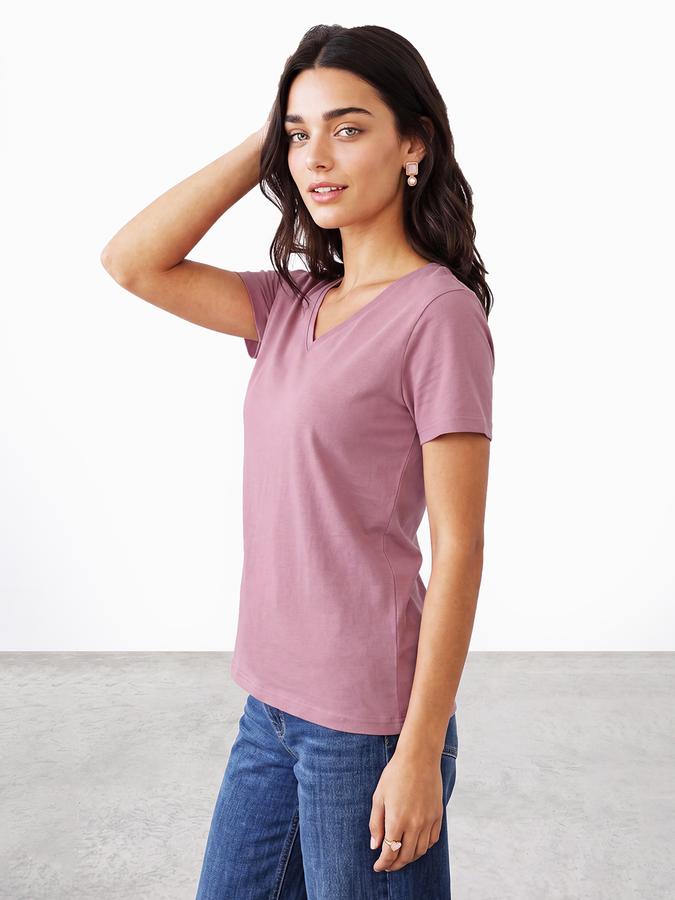 R&B Women Shell Pink Solid Short Sleeves V-Neck Tshirt