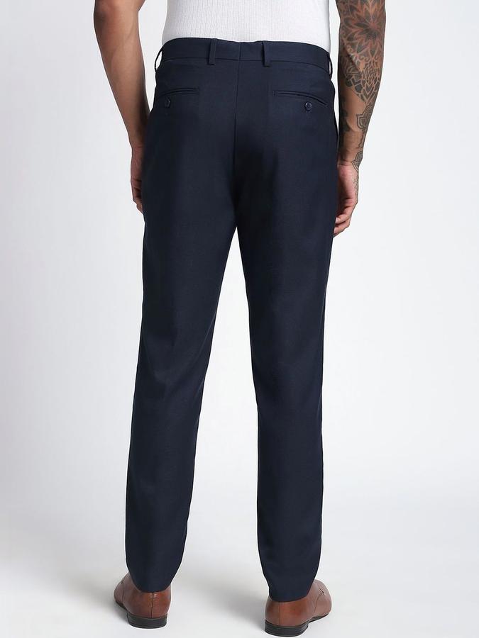 R&B Men Navy Blue Solid Regular Fit Formal Trousers