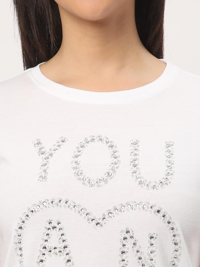 Women Cotton Regular Fit Crew Neck Embellished T-shirt