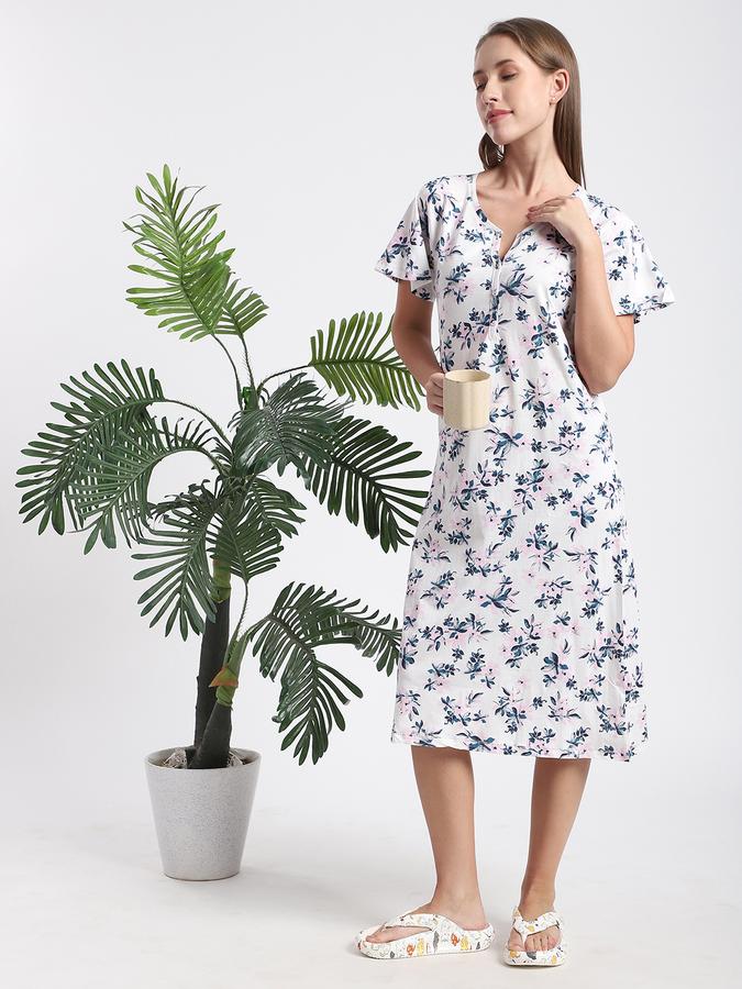 Women Cotton Regular Fit Round Neck Printed Night Shirt