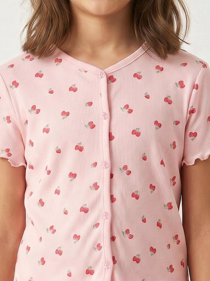 R&B Girls Pink Printed Round Neck Short Sleeves Pure Cotton Shirt &amp; Pyjamas Set