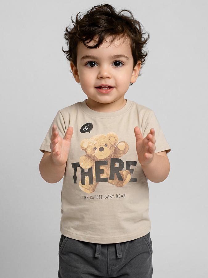 R&B Beige Graphic Print Boys Round Neck Regular Fit Sleeveless T-Shirt 