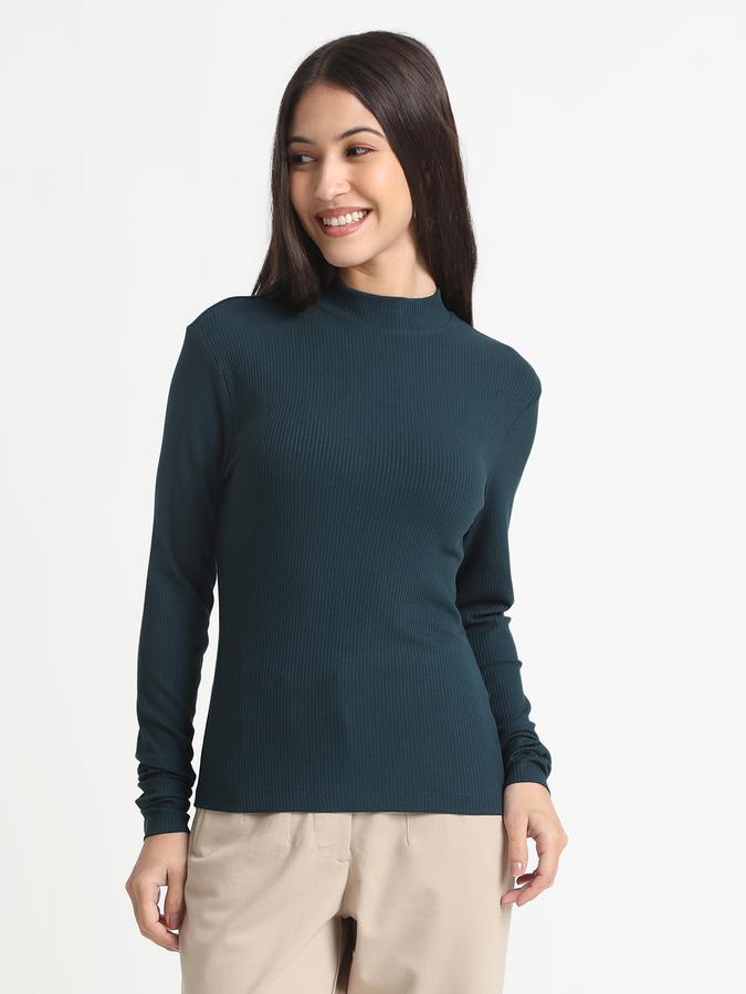 R&B Women Teal Solid Ribbed Top