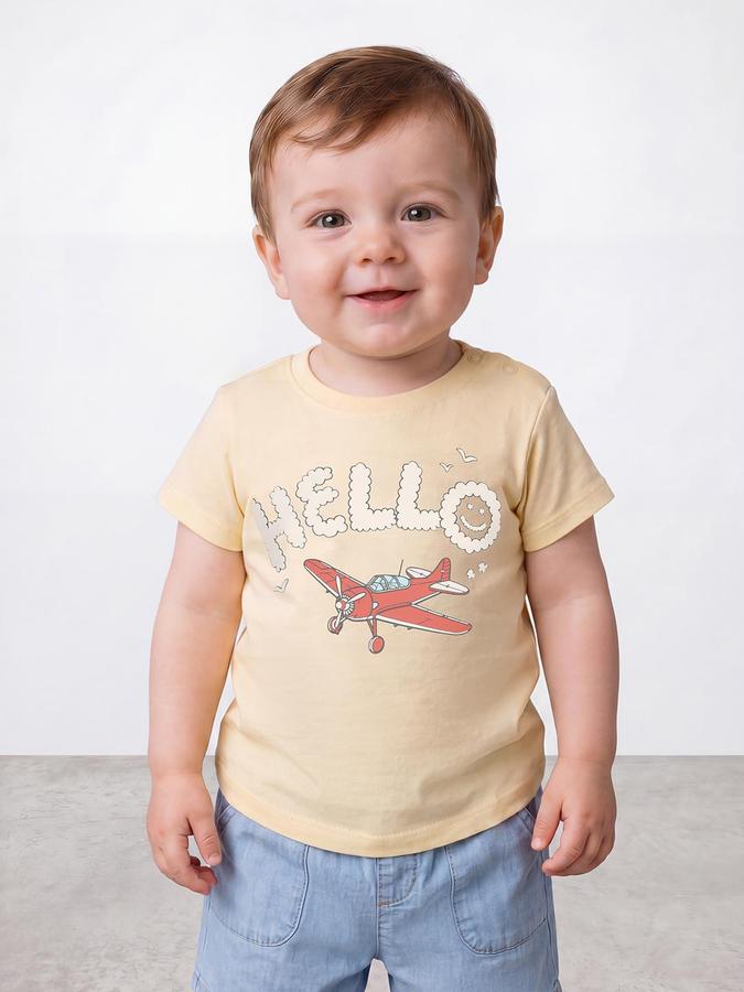 R&B Boys Yellow Short sleeve Round Neck Little Exlplorers Cute Graphics Soft Touch Pure Cotton T-Shirt