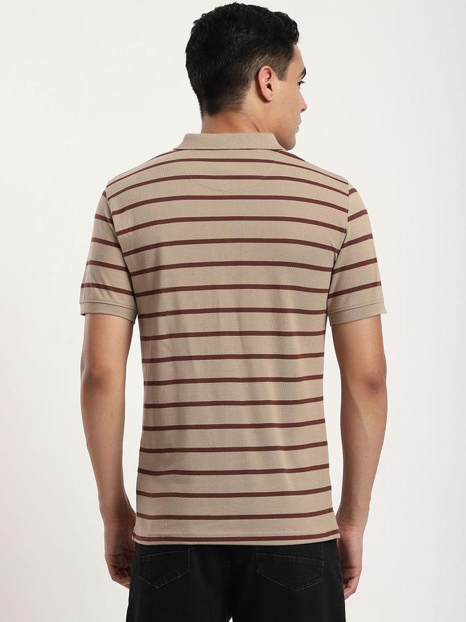 Men Cotton Blend Regular Fit Polo Neck Striped T-shirt
