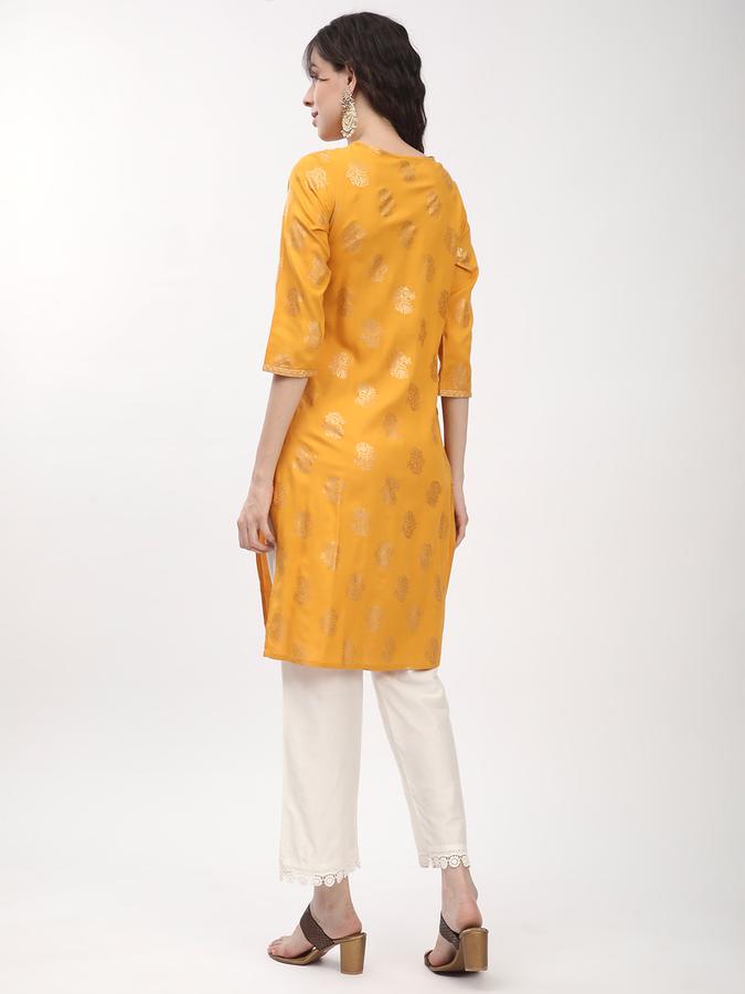 women's regular fit gold printed round neck embroidered mustard festive kurta image number 2
