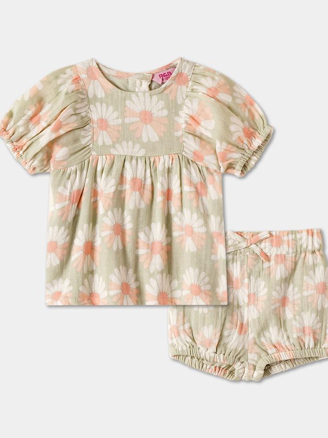 Girls Floral Puff Sleeve Top with Shorts Set