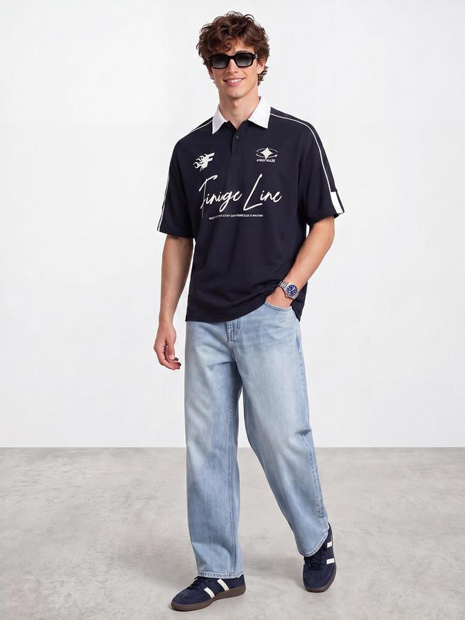 R&B Men Navy Blue Typography Printed Short Sleeves Polo Tshirt