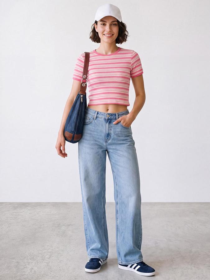 R&B Womens Pink Round Neck Short Sleeves Striped Crop Top