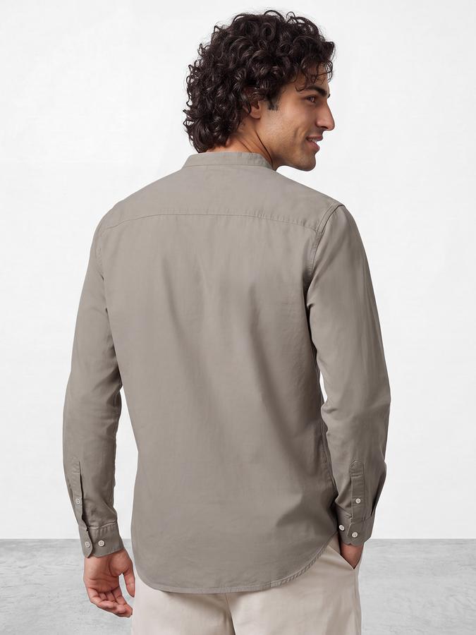 R&B Men's Sand Grey Long Sleeves Slub Mandarin Collar Shirt