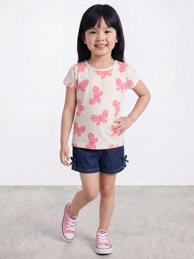 R&B Girls Beige Butterfly Print Short Sleeves Round Neck Pure Cotton T-Shirt