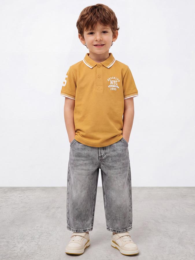 R&B Boys Mustard Collegiate Badge Printed Polo Collar Short Sleeves Pure Cotton T-shirt