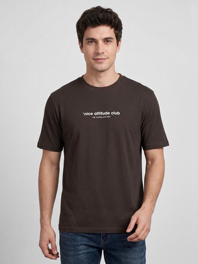 R&B Coffee Brown Typography Men Round Neck Relaxed Fit Short Sleeves T-Shirt 