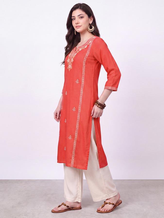 R&B Womens Coral Three-Quarter Sleeves Round Neck Floral Embroidery Straight Kurta