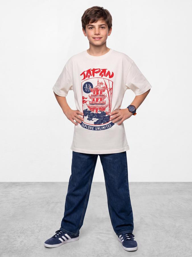 R&B Boys White Graphic Print Short Sleeves Round Neck Pure Cotton T-Shirt