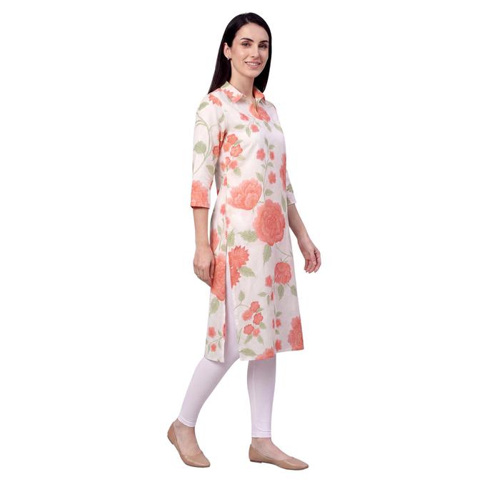 R&B Peach Women Shirt Collar Three-Quarter Sleeves Kurta 