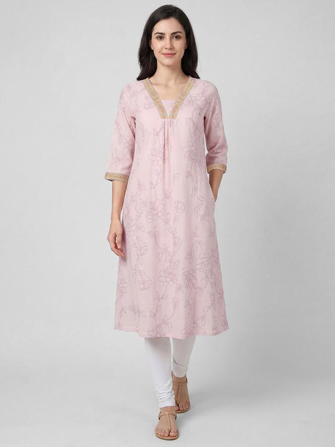 R&B Pink Embroidered Women Three-Quarter Sleeves V-Neck Kurta