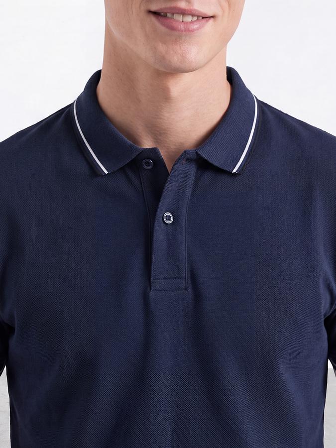 R&B Men Blue Solid Short Sleeves Tipping Polo Collar Tshirt