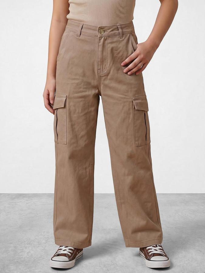 R&B Girl's Beige Regular Fit Cargos Trousers