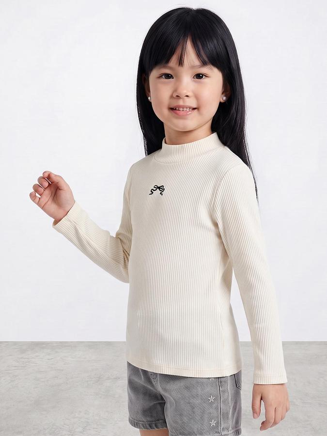R&B Girls Ivory Textured Long Sleeves High Neck Ribbed T-Shirt