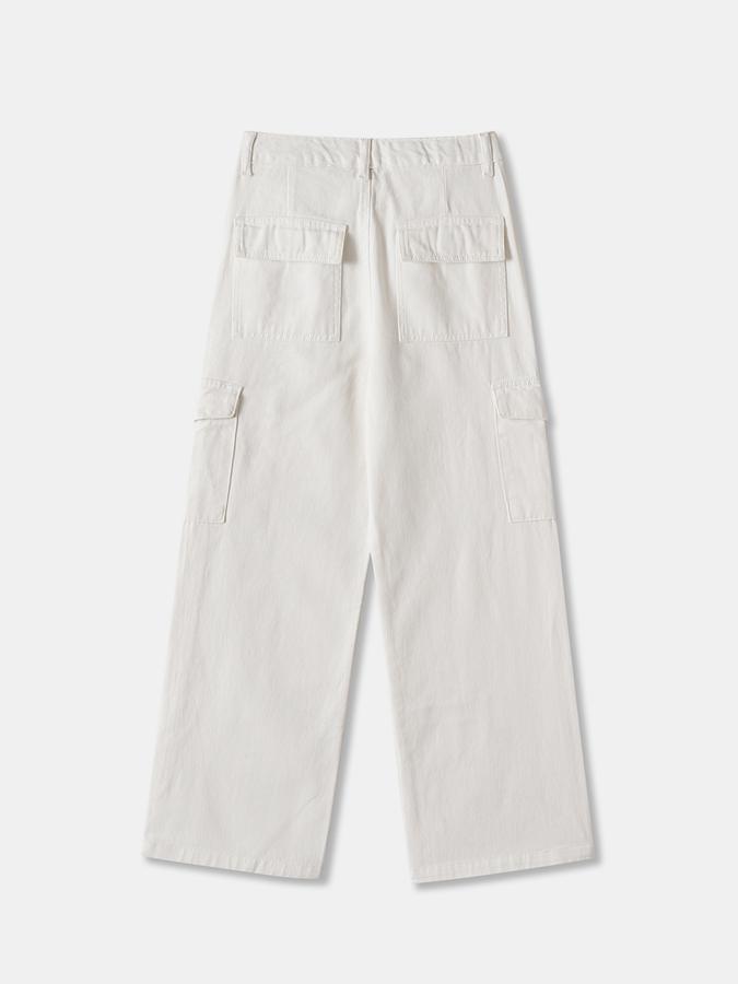 Solid Wide Leg Cargo Jeans with Button Closure image number 1