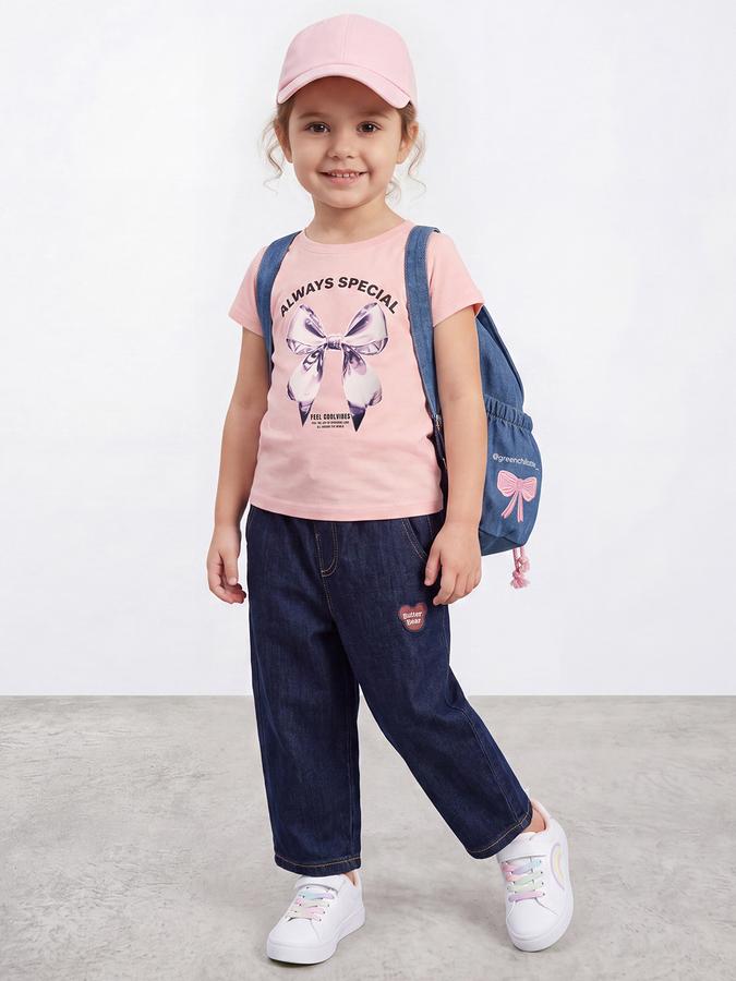 R&B Girls Pink Bow Graphic Print Short Sleeves Tshirt