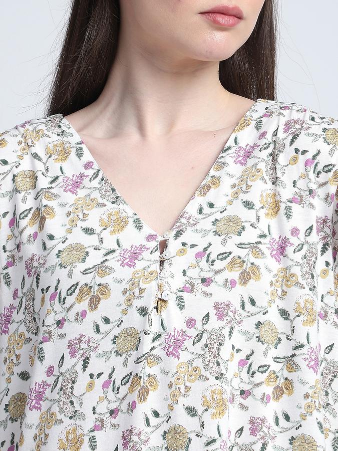 Women Cotton Relaxed Fit V-Neck Printed Night Shirt