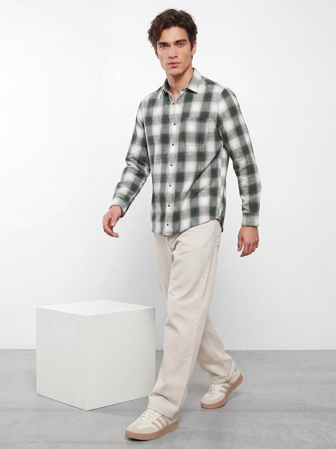 R&B Men Olive Windowpane Checks Spread Collar Long Sleeves Regular Fit Shirt