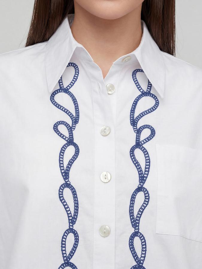 R&B White Ethnic Motifs Print Shirt Collar Flared Three-Quarter Sleeves Women Top