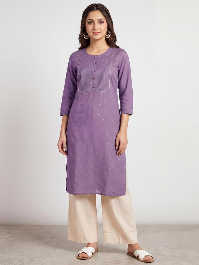 R&B Women Dusty Purple Round Neck 3/4 Sleeves Pintuck Straight Kurta
