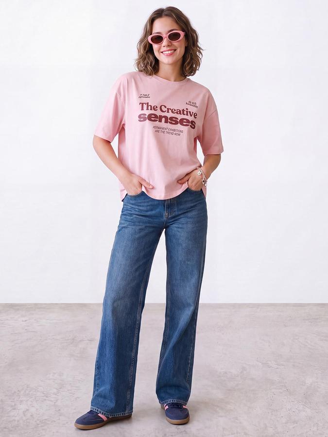 R&B Women Baby Pink Typography Pure Cotton Round Neck Short Sleeves T-Shirt