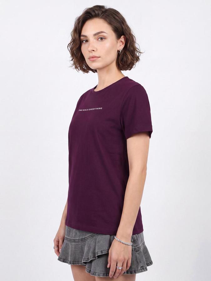 R&B Women Purple Short Sleeve Round Neck Typography Graphic Print T-Shirt