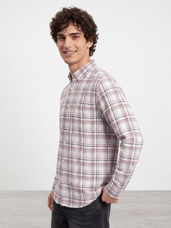 R&B Men Mauve Button Down Long Sleeves Checked Shirt