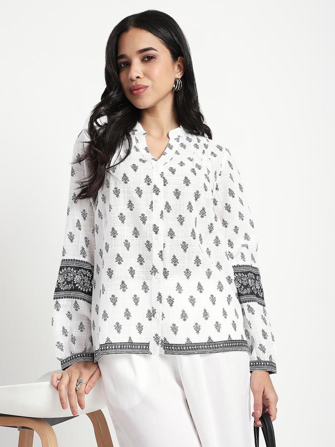 Women Cotton Relaxed Fit Band Collar Printed Top