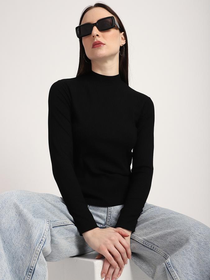 Women Cotton Slim Fit Mock Neck Ribbed Top