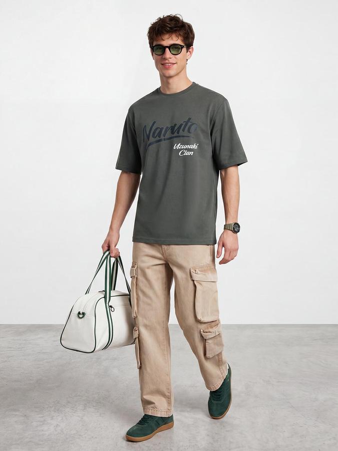 R&B Men Pine Green Naruto Graphic Back Print Short Sleeves Tshirt