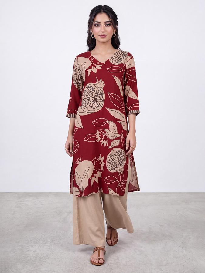 R&B Women Maroon Floral Print V-Neck Three-Quarter Sleeves Straight Kurta