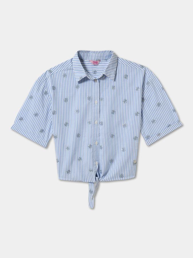 Girls Striped Regular Fit Short Sleeve Tie-Front Top