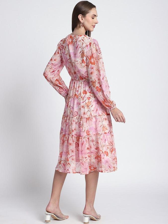 R&B Women Red Floral Long Sleeves V-Neck Midi A-Line Dress