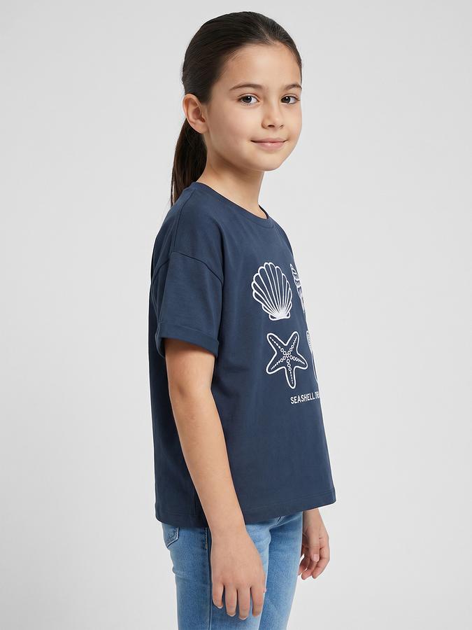 R&B Navy Blue Graphic Print Girls Round Neck Regular Fit Short Sleeves T-Shirt 