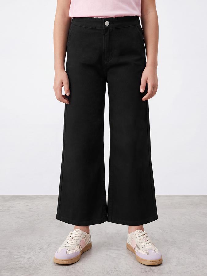 R&B Girls Black Solid Wide Leg Mid Rise Trousers