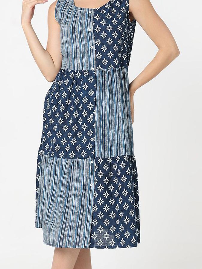 R&B Women Blue Patchwork Sleeveless Round Neck Midi A-Line Dress