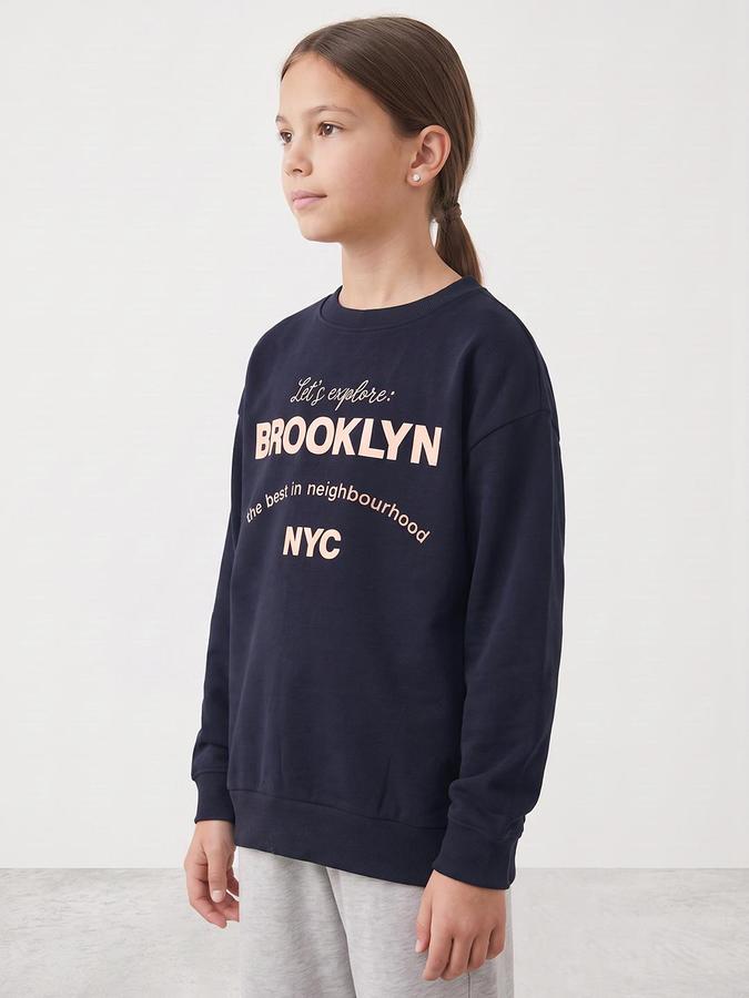 R&B Girls Dark Blue Graphic Print Round Neck Long Sleeves Sweatshirt